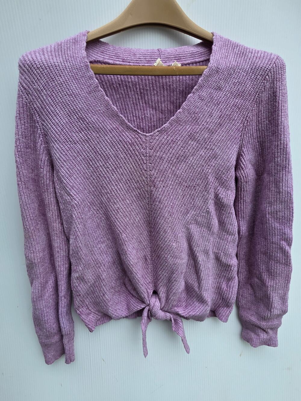 MOTH by Anthropologie Purple Ribbed V-Neck Tie-Front Sweater Size S Boho Chic